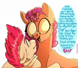 Size: 2048x1792 | Tagged: safe, artist:unfinishedheckery, derpibooru import, sunny starscout, zipp storm, earth pony, pegasus, pony, dialogue, digital art, eye bulging, female, g5, image, jpeg, looking at each other, looking at someone, now you fucked up, shrunken pupils, simple background, speech bubble, talking, text, vulgar, white background, wings