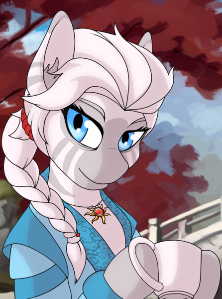 Size: 3120x4200 | Tagged: safe, artist:kajko, derpibooru import, oc, oc:áltu kexa, unofficial characters only, zebra, equestria at war mod, blue eyes, bust, clothes, cup, forest, forest background, image, png, ponytail, portrait, smiling, solo, tree, white hair, zebra oc