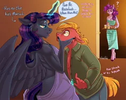 Size: 2048x1638 | Tagged: suggestive, artist:unfinishedheckery, derpibooru import, big macintosh, princess luna, sugar belle, alicorn, anthro, earth pony, pony, unguligrade anthro, unicorn, ass, bedroom eyes, breasts, butt, clothes, cookie, dialogue, digital art, door, dress, female, floppy ears, food, glow, glowing horn, horn, image, implied cheating, implied shipping, implied sugarmac, jpeg, juice, looking at each other, looking at someone, moonbutt, open mouth, pants, pecs, rear view, seduction, shirt, sideboob, speech bubble, spread wings, talking, text, thighs, this will end in divorce, this will not end well, trio, wide hips, wings