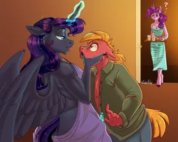 Size: 2048x1638 | Tagged: suggestive, alternate version, artist:unfinishedheckery, derpibooru import, big macintosh, princess luna, sugar belle, alicorn, anthro, earth pony, pony, unguligrade anthro, unicorn, ass, bedroom eyes, breasts, butt, clothes, cookie, digital art, door, dress, female, floppy ears, food, glow, glowing horn, horn, image, implied cheating, implied shipping, implied sugarmac, jpeg, juice, looking at each other, looking at someone, moonbutt, open mouth, pants, pecs, rear view, seduction, shirt, sideboob, speech bubble, spread wings, textless version, thighs, this will end in divorce, this will not end well, trio, wide hips, wings