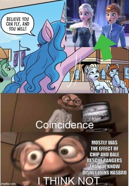 Size: 500x719 | Tagged: safe, derpibooru import, idw, izzy moonbow, earth pony, pony, unicorn, anna, arrow, chip and dale rescue rangers, coincidence, coincidence i think not, disney, elsa, frozen (movie), g5, image, imgflip, jpeg, meme, meme template, photo, text