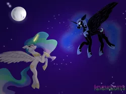 Size: 2256x1696 | Tagged: safe, artist:revenge.cats, derpibooru import, nightmare moon, princess celestia, alicorn, pony, angry, armor, fangs, fight, flying, image, magic, magic aura, moon, png, scowl, space, stars