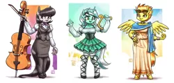 Size: 3320x1600 | Tagged: safe, artist:king-kakapo, derpibooru import, lyra heartstrings, octavia melody, spitfire, anthro, earth pony, pegasus, unguligrade anthro, unicorn, abstract background, blouse, bow (instrument), cello, cello bow, clothes, dirndl, dress, high res, image, lyre, musical instrument, png, skirt, spread wings, wings