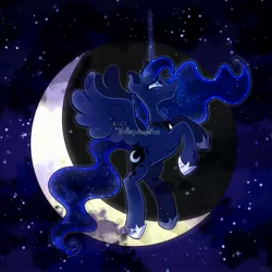 Size: 3000x3000 | Tagged: safe, artist:daisydewdles, derpibooru import, princess luna, alicorn, pony, crescent moon, female, horn, image, jpeg, mare, moon, night, night sky, obtrusive watermark, sky, solo, watermark, wings