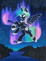 Size: 2682x3590 | Tagged: safe, artist:dandy, derpibooru import, princess celestia, alicorn, aurora borealis, ear piercing, flying, glow, glowing eyes, horn, horn ring, image, jewelry, marker drawing, necklace, night, piercing, png, ring, solo, stars, traditional art, unshorn fetlocks, wings