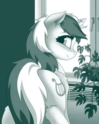 Size: 800x1000 | Tagged: safe, artist:rainbow, derpibooru import, lyra heartstrings, pony, unicorn, air conditioner, blushing, butt, female, flower, image, looking at you, looking back, looking back at you, lyra hindstrings, mare, monstera, plot, png, solo, strategically covered, window, windowsill