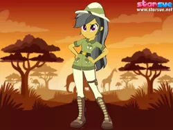 Size: 1440x1080 | Tagged: safe, artist:limedazzle, derpibooru import, edit, vector edit, daring do, bird, elephant, flamingo, giraffe, equestria girls, africa, background, boots, clothes, cloud, equestria girls-ified, fanfic art, female, hand on hip, hat, image, jpeg, pith helmet, safari, shoes, show accurate, smiling, solo, starsue, sunset, tree, uniform, vector