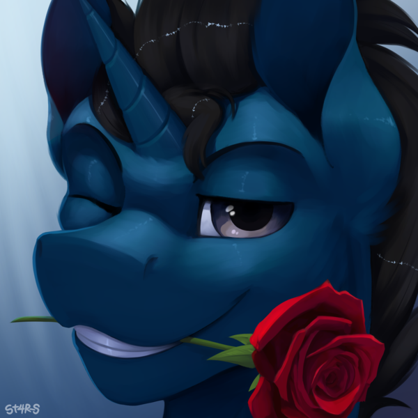 Size: 3000x3000 | Tagged: safe, artist:st4rs6, derpibooru import, oc, oc:slashing prices, unofficial characters only, pony, unicorn, bust, commission, cowlick, flower, flower in mouth, grin, high res, horn, image, looking at you, male, mouth hold, one eye closed, png, portrait, rose, smiling, solo, stallion, unicorn oc, watermark, wink, winking at you