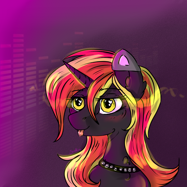 Size: 3000x3000 | Tagged: safe, artist:sunrise pegasus, derpibooru import, oc, oc:java, pony, unicorn, blushing, bust, cat ears, collar, female, image, png, portrait, simple background, tongue out