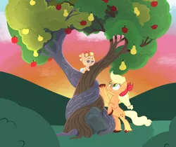 Size: 1024x861 | Tagged: safe, artist:victoriaisme1, derpibooru import, applejack, oc, oc:butter cup, earth pony, pony, baby, baby pony, bipedal, duo, female, filly, foal, freckles, image, intertwined trees, jpeg, offspring, parent:applejack, parent:rockhoof, parents:rockjack, sunset, tree, unshorn fetlocks, wavy mouth