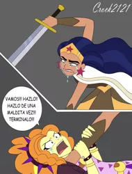 Size: 1280x1682 | Tagged: safe, artist:crock2121, derpibooru import, adagio dazzle, equestria girls, amazon, amazonian, comic, crossover, crying, dc comics, dc superhero girls, diana prince, duo, duo female, female, image, jpeg, scythian, simple background, sword, this will end in death, weapon, wonder woman