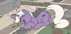 Size: 2356x1140 | Tagged: safe, artist:rapidstrike, derpibooru import, oc, oc:drawbridge, pony, unicorn, building, bus, car, drool, eyes closed, giant pony, horn, image, macro, onomatopoeia, open mouth, png, sleeping, snoring, sound effects, street, unicorn oc, vehicle, zzz