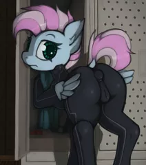 Size: 1495x1694 | Tagged: explicit, artist:marsminer, derpibooru import, oc, oc:skyline, unofficial characters only, pegasus, pony, fallout equestria, anus cameltoe, ass, bodysuit, butt, cameltoe, clothes, dock, female, image, locker, looking at you, looking back, looking back at you, mare, plot, png, rear view, skintight clothes, solo, solo female, tail