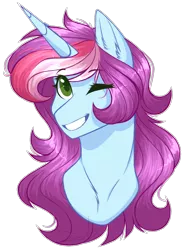 Size: 1278x1738 | Tagged: safe, artist:purplegrim40, derpibooru import, oc, unofficial characters only, pony, unicorn, bust, ear fluff, female, grin, horn, image, mare, one eye closed, png, simple background, smiling, solo, transparent background, unicorn oc, wink