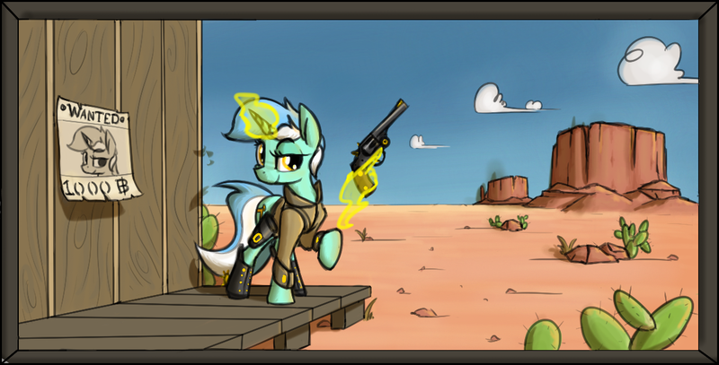 Size: 1149x585 | Tagged: safe, artist:firecracker, derpibooru import, lyra heartstrings, pony, unicorn, aggie.io, cactus, clothes, desert, female, gun, handgun, image, magic, mare, mesa, png, raised hoof, raised leg, revolver, simple background, smiling, wanted poster, weapon, western