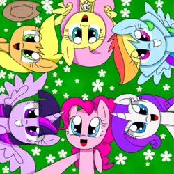 Size: 725x725 | Tagged: source needed, safe, artist:silver meadow, derpibooru import, angel bunny, applejack, fluttershy, pinkie pie, rainbow dash, rarity, twilight sparkle, twilight sparkle (alicorn), alicorn, earth pony, pegasus, pony, rabbit, unicorn, animal, image, jpeg, lying down, mane six, overhead view, selfie