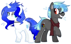 Size: 1920x1182 | Tagged: safe, artist:toffeelavender, derpibooru import, oc, unofficial characters only, pony, unicorn, base used, choker, clothes, duo, female, glasses, grin, horn, image, male, mare, png, scarf, simple background, smiling, stallion, transparent background, unicorn oc