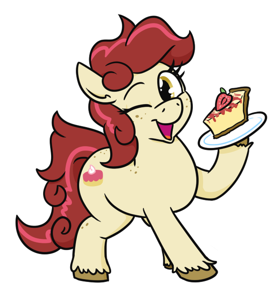 Size: 619x677 | Tagged: safe, artist:jargon scott, derpibooru import, oc, oc:cheesecake, unofficial characters only, earth pony, pony, body freckles, cake, cheesecake, female, food, freckles, image, looking at you, mare, one eye closed, open mouth, png, simple background, smiling, smiling at you, solo, unshorn fetlocks, white background, wink, winking at you