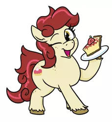 Size: 619x677 | Tagged: safe, artist:jargon scott, derpibooru import, oc, oc:cheesecake, unofficial characters only, earth pony, pony, body freckles, cake, cheesecake, female, food, freckles, image, looking at you, mare, one eye closed, open mouth, png, simple background, smiling, smiling at you, solo, unshorn fetlocks, white background, wink, winking at you