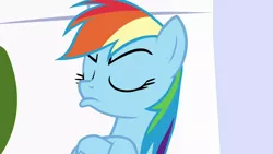 Size: 1280x720 | Tagged: safe, derpibooru import, screencap, rainbow dash, pegasus, pony, season 9, sparkle's seven, spoiler:s09, crossed hooves, eyebrows, female, image, mare, png, pouting, rainbow dash is not amused, refusal, solo, unamused