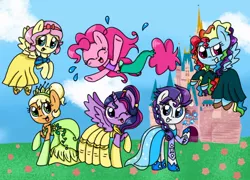 Size: 1024x738 | Tagged: source needed, safe, artist:silver meadow, derpibooru import, applejack, fluttershy, pinkie pie, rainbow dash, rarity, twilight sparkle, twilight sparkle (alicorn), alicorn, earth pony, pegasus, pony, unicorn, disney princess, female, image, jpeg