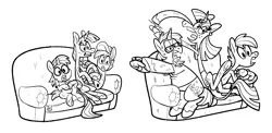 Size: 2414x1174 | Tagged: safe, artist:jimmyjamno1, derpibooru import, button mash, snails, snips, earth pony, pony, unicorn, age progression, alternate design, alternate universe, black and white, colt, controller, couch, foal, glasses, grayscale, hoof hold, image, jpeg, male, monochrome, older, older button mash, older snails, older snips, simple background, stallion, trio, white background