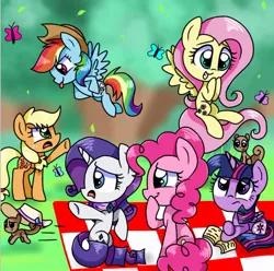 Size: 1024x1015 | Tagged: safe, artist:silver meadow, derpibooru import, applejack, fluttershy, pinkie pie, rainbow dash, rarity, twilight sparkle, twilight sparkle (alicorn), alicorn, butterfly, earth pony, insect, pegasus, pony, squirrel, unicorn, accessory theft, female, image, jpeg, mane six, picnic blanket, tongue out