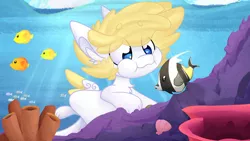 Size: 1191x671 | Tagged: safe, artist:littleblackraencloud, derpibooru import, oc, unofficial characters only, earth pony, fish, pony, blue eyes, bubble, commission, coral, crepuscular rays, flowing mane, holding breath, image, jpeg, puffy cheeks, smiling, solo, sunlight, swimming, underwater, water, yellow mane