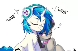 Size: 2664x1756 | Tagged: safe, artist:kaylemi, derpibooru import, octavia melody, vinyl scratch, earth pony, pony, unicorn, blushing, chest fluff, eyes closed, female, image, leaning, lesbian, mare, music, png, question mark, scratchtavia, shipping, simple background, white background, wub