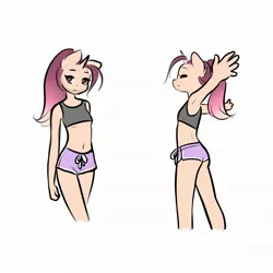 Size: 2048x2048 | Tagged: safe, artist:katputze, derpibooru import, oc, oc:crimson sunset, unofficial characters only, anthro, pony, unicorn, armpits, clothes, female, image, jpeg, mare, shorts, simple background, solo, sports bra, white background