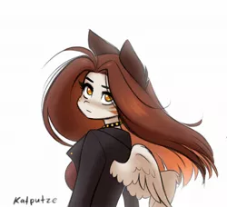 Size: 2048x1869 | Tagged: safe, artist:katputze, derpibooru import, oc, oc:kiri, unofficial characters only, anthro, pegasus, pony, choker, clothes, female, image, jacket, jpeg, looking back, mare, simple background, solo, spiked choker, white background