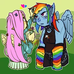 Size: 1024x1024 | Tagged: safe, artist:arcaneclown, derpibooru import, fluttershy, rainbow dash, anthro, pegasus, commission, female, flower, flower in hair, flutterdash, grumpy, heart, height difference, human facial structure, image, jpeg, lesbian, shipping