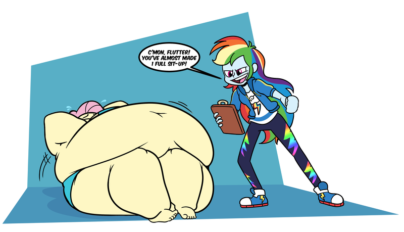 Size: 3462x1986 | Tagged: questionable, artist:solitaryscribbles, derpibooru import, fluttershy, rainbow dash, human, equestria girls, belly, big belly, bra, clipboard, clothes, exercise, fat, fattershy, huge belly, image, jiggle, morbidly obese, obese, panties, png, sit-ups, too fat, underwear, workout