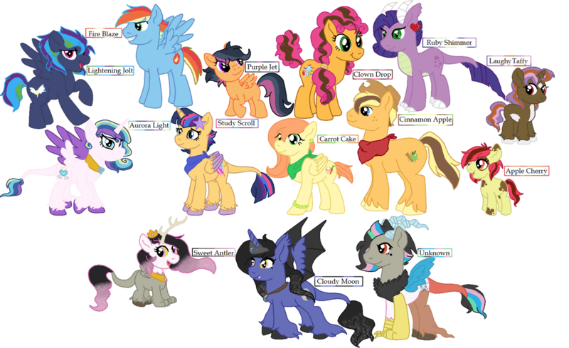 Size: 1280x783 | Tagged: safe, artist:randompurplekitty9, derpibooru import, oc, oc:apple cherry, oc:aurora light, oc:carrot cake, oc:cinnamon apple, oc:cloudy moon, oc:clown drop, oc:fire blaze, oc:lighting bolt, oc:purple jet, oc:ruby simmer, oc:study scroll, oc:sweet antler, oc:taffy, unnamed oc, unofficial characters only, dracony, earth pony, hybrid, pegasus, pony, unicorn, base used, earth pony oc, female, filly, foal, horn, image, interspecies offspring, male, mare, next generation, offspring, parent:apple bloom, parent:applejack, parent:big macintosh, parent:button mash, parent:caramel, parent:cheese sandwich, parent:discord, parent:flash sentry, parent:fluttershy, parent:king sombra, parent:pinkie pie, parent:pipsqueak, parent:princess cadance, parent:princess celestia, parent:princess luna, parent:rainbow dash, parent:rarity, parent:rumble, parent:scootaloo, parent:shining armor, parent:soarin', parent:spike, parent:sweetie belle, parent:twilight sparkle, parents:carajack, parents:cheesepie, parents:dislestia, parents:flashlight, parents:fluttermac, parents:lumbra, parents:pipbloom, parents:rumbloo, parents:shiningcadance, parents:soarindash, parents:sparity, parents:sweetiemash, pegasus oc, png, simple background, stallion, transparent background, unicorn oc, wings