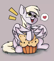 Size: 911x1024 | Tagged: safe, artist:twiliset, derpibooru import, derpy hooves, pegasus, pony, food, gray, gray background, happy, heart, image, jpeg, muffin, simple background, smiling, solo