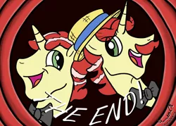 Size: 2100x1500 | Tagged: safe, artist:hemlock conium, derpibooru import, flam, flim, pony, unicorn, brothers, bust, clothes, colored, digital art, duo, end card, flim flam brothers, image, jpeg, male, portrait, siblings, simple, stallion, text, the end