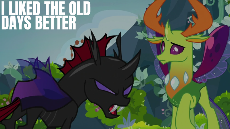 Size: 1920x1080 | Tagged: safe, derpibooru import, edit, edited screencap, editor:quoterific, screencap, pharynx, thorax, changedling, changeling, season 7, to change a changeling, duo focus, image, king thorax, male, open mouth, png, text