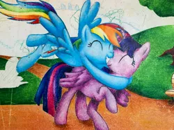 Size: 2048x1536 | Tagged: safe, artist:taylorlynn04art, derpibooru import, rainbow dash, twilight sparkle, alicorn, pegasus, pony, female, hug, image, jpeg, lesbian, shipping, traditional art, twidash