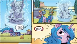 Size: 1312x759 | Tagged: safe, derpibooru import, idw, official, izzy moonbow, unnamed character, unnamed pony, pegasus, pony, unicorn, my little pony: a new generation, spoiler:comic, spoiler:g5, spoiler:g5comic, spoiler:g5comic01, awesome izzy, butt, female, g5, helmet, image, imminent crushing, jpeg, mare, plot, question mark, shocked, statue, this will end in death, this will end in pain and/or death, you know for kids