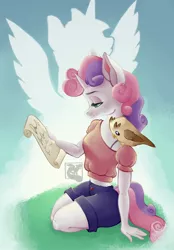 Size: 2858x4096 | Tagged: safe, artist:mishi_ovo, derpibooru import, owlowiscious, sweetie belle, anthro, unicorn, clothes, image, implied princess twilight, implied twilight sparkle, jpeg, older, older sweetie belle, scroll, shorts, solo focus, wasp waist