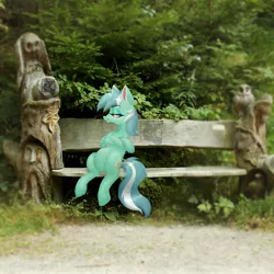 Size: 3500x3500 | Tagged: safe, artist:mishi_ovo, derpibooru import, lyra heartstrings, pony, unicorn, bench, crossed hooves, image, irl, jpeg, meme, photo, ponies in real life, real life background, sitting, sitting lyra, solo