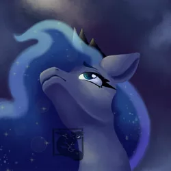 Size: 2048x2048 | Tagged: safe, artist:mishi_ovo, derpibooru import, princess luna, alicorn, pony, bust, image, jpeg, looking up, low angle, night, solo