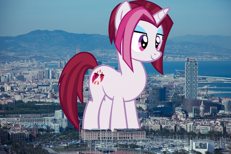 Size: 1920x1280 | Tagged: safe, artist:thebosscamacho, artist:thegiantponyfan, derpibooru import, cayenne, pony, unicorn, barcelona, female, giant pony, giant unicorn, giantess, highrise ponies, image, irl, jpeg, macro, mare, mega giant, photo, ponies in real life, smiling, spain