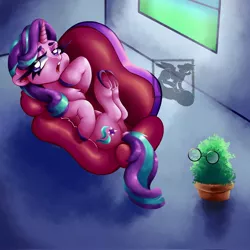 Size: 2048x2048 | Tagged: safe, artist:mishi_ovo, derpibooru import, phyllis, starlight glimmer, pony, unicorn, couch, floppy ears, glasses, image, jpeg, lying down, on back, potted plant, talking