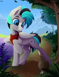 Size: 3500x4500 | Tagged: safe, artist:rainbowfire, derpibooru import, meadow flower, rarity, oc, oc:andromeda, unofficial characters only, bird, kiwi, pegasus, pony, bandage, blue eyes, clothes, cute, day, detailed, detailed background, flower, forest, forest background, grass, grass field, handkerchief, image, jewelry, looking at you, male, mountain, open mouth, path, png, raised hoof, sky, solo, stallion, sunny, tree, wings