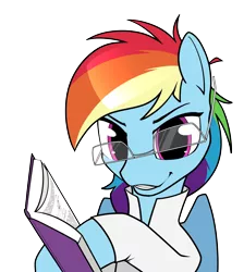 Size: 1700x1900 | Tagged: safe, artist:dacaoo, derpibooru import, rainbow dash, pegasus, pony, semi-anthro, book, clothes, female, glasses, image, looking at you, mare, png, simple background, smiling, solo, transparent background