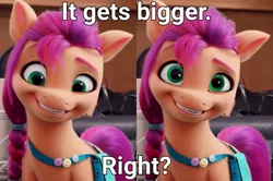 Size: 1628x1080 | Tagged: suggestive, derpibooru import, edit, edited screencap, screencap, sunny starscout, earth pony, pony, comic, dialogue, g5, grin, image, looking at you, meme, png, smiling, solo