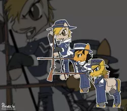 Size: 1134x995 | Tagged: safe, artist:hinoraito, derpibooru import, oc, unofficial characters only, earth pony, pony, clothes, guard, gun, image, jpeg, musket, rifle, uniform, weapon, zoom layer