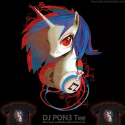 Size: 1299x1299 | Tagged: safe, artist:hinoraito, derpibooru import, official, vinyl scratch, pony, unicorn, bust, clothes, headphones, image, merchandise, png, shirt, solo, t-shirt, welovefine