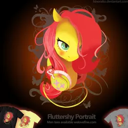 Size: 1299x1299 | Tagged: safe, artist:hinoraito, derpibooru import, official, fluttershy, pony, blushing, bust, clothes, headphones, image, merchandise, png, portrait, shirt, solo, t-shirt, welovefine